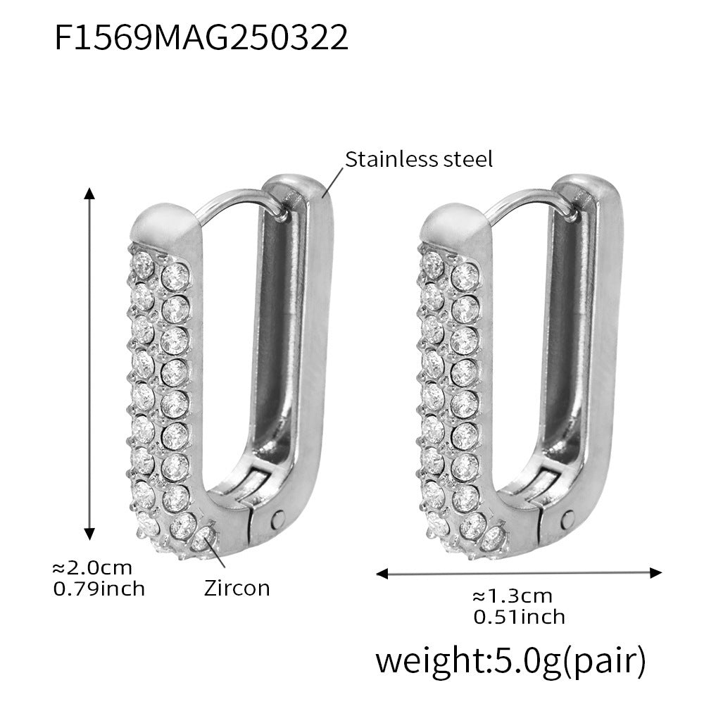 B廠【F1569】歐美飾品不鏽鋼U形20mm高耳扣滿鑽鋯石卡扣耳環不掉色耳飾 25.03-4