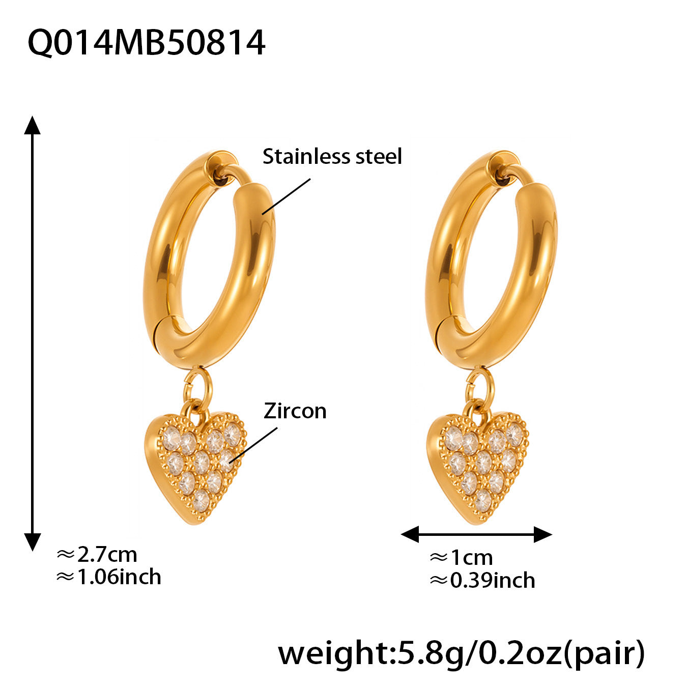 B廠【Q007】氣質簡約精緻小巧光面愛心吊墜耳環耳環鑲嵌鋯石不銹鋼耳環 25.08-5