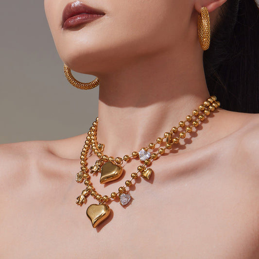 B廠【P1032】不鏽鋼鋯石大愛心小熊DIY多配件空心項鍊鍍18K真金珠寶首飾
 25.10-3