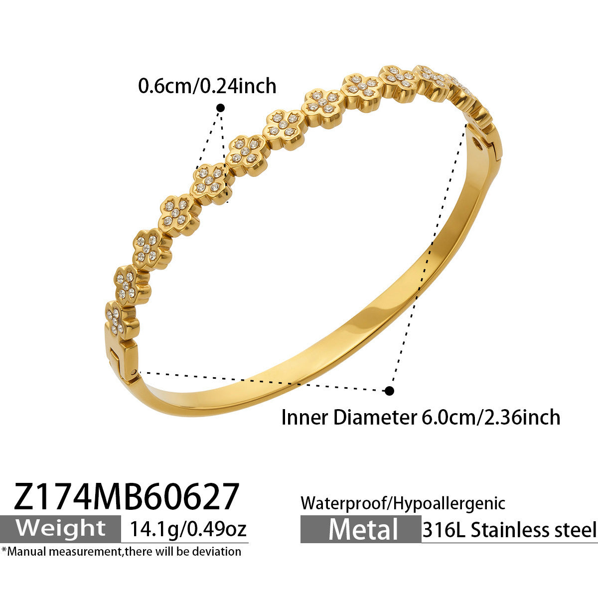 B廠【Z160】時尚新款微鑲鋯石四葉花手鐲不鏽鋼鍍18k金 高級感輕奢飾品手鐲女 26.07-1