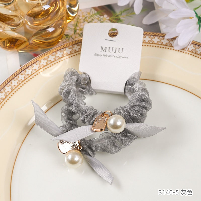 D廠【B140】高級感珍珠飄帶小腸髮圈2條卡裝皮筋頭繩甜美少女髮飾高馬尾髮繩 24.10-2「D廠-單筆結帳需滿,NT$600出貨(不含運費)」