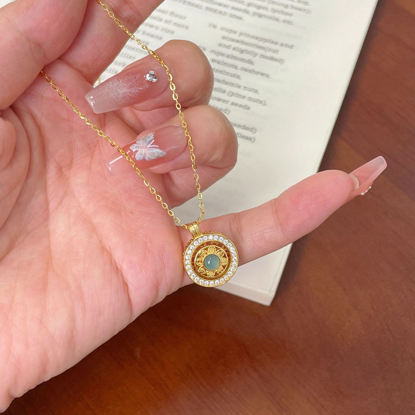 F廠【DQ1268N】S925純銀新中式八寶羅盤項鍊女國風天然藍水翡翠貴氣鎖骨鏈潮 25.07-1