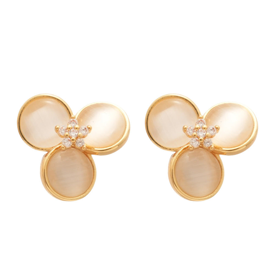 A廠【HE25988】18k真金電鍍925銀針鋯石花朵貓眼石耳環個性氣質耳環輕奢高級感耳飾 25.04-3