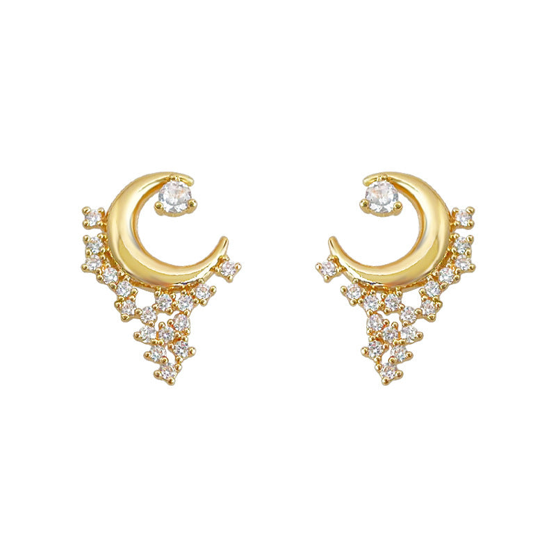 C廠【6407】繁星攬月~設計師款微鑲鋯石925銀針鍍14K新款月亮星星耳環 耳飾女 25.07-2