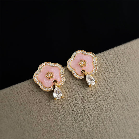 C廠【6695】原創梅花~微鑲鋯石925銀針鍍14K琺瑯滴釉粉紅色花朵耳飾耳環女
 25.09-1