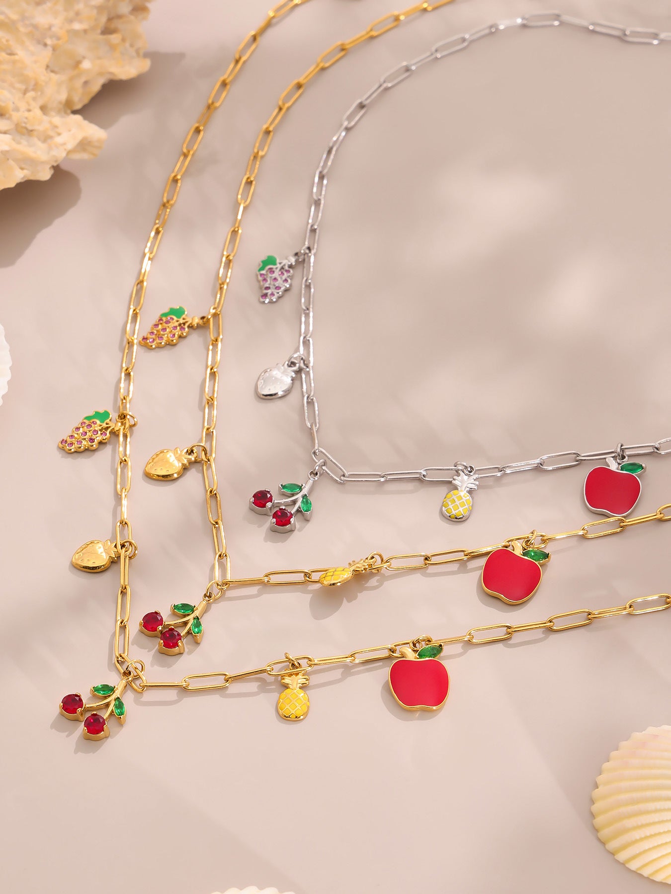 B廠【P1053】歐美時尚飾品不鏽鋼水果造型5A紅鋯石多配件鎖骨鏈滴油項鍊 25.08-2