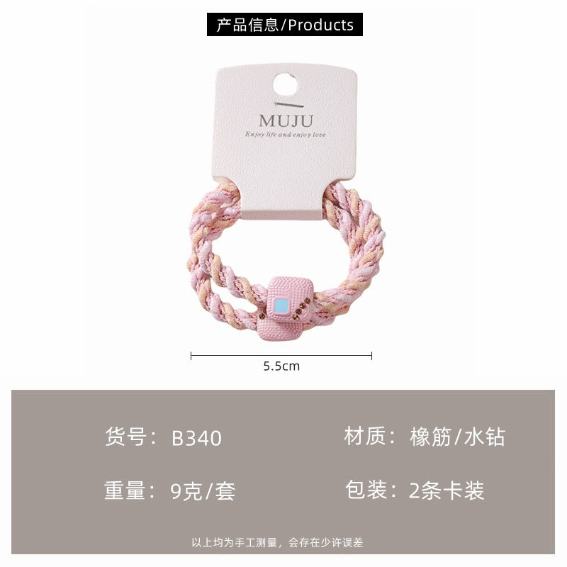 D廠【B340】2條卡裝髮繩高彈性編織頭繩少女小清新髮飾鑲鑽高馬尾皮筋 25.08-3