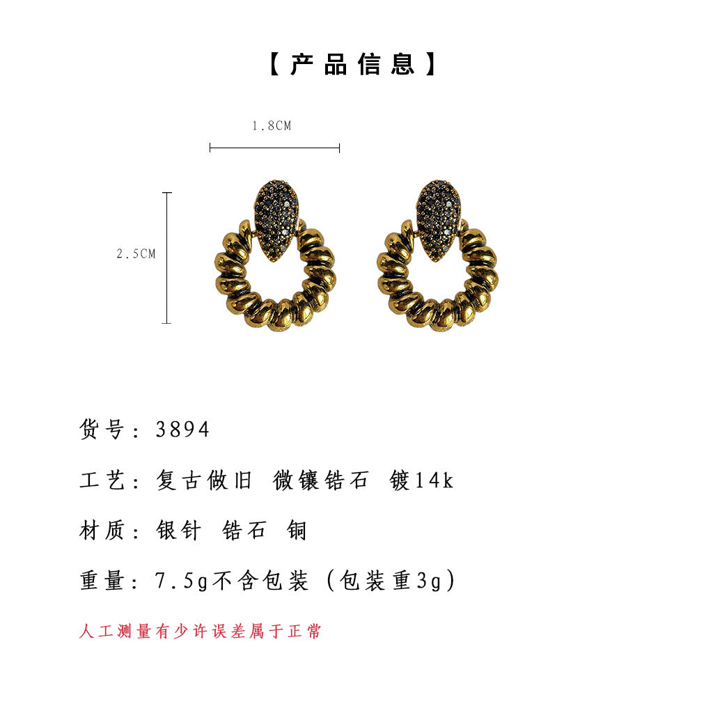 C廠【3894】微鑲鋯石重工質感復古做舊時尚設計感幾何高級感耳飾耳環 24.04-2