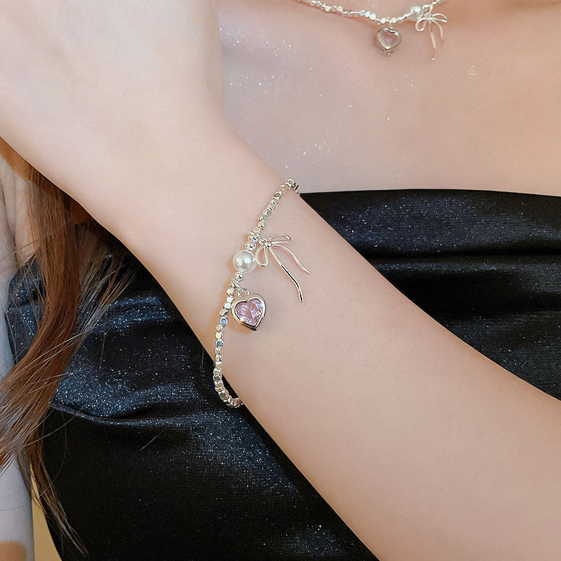 A廠【HB2340-HN6130】鋯石愛心蝴蝶結碎銀珍珠項鍊套裝高級感輕奢風鎖骨鏈韓國甜美項鍊 24.05-3