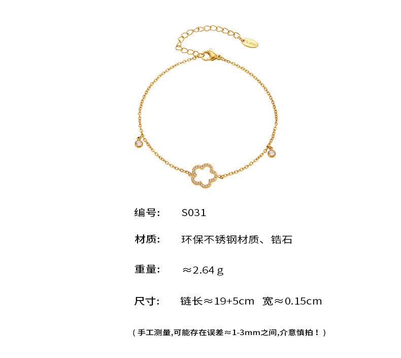 B廠【S031】ins風小清新氣質五葉花鑲嵌5A鋯石超閃腳鍊不鏽鋼鍍18k真金 25.08-3