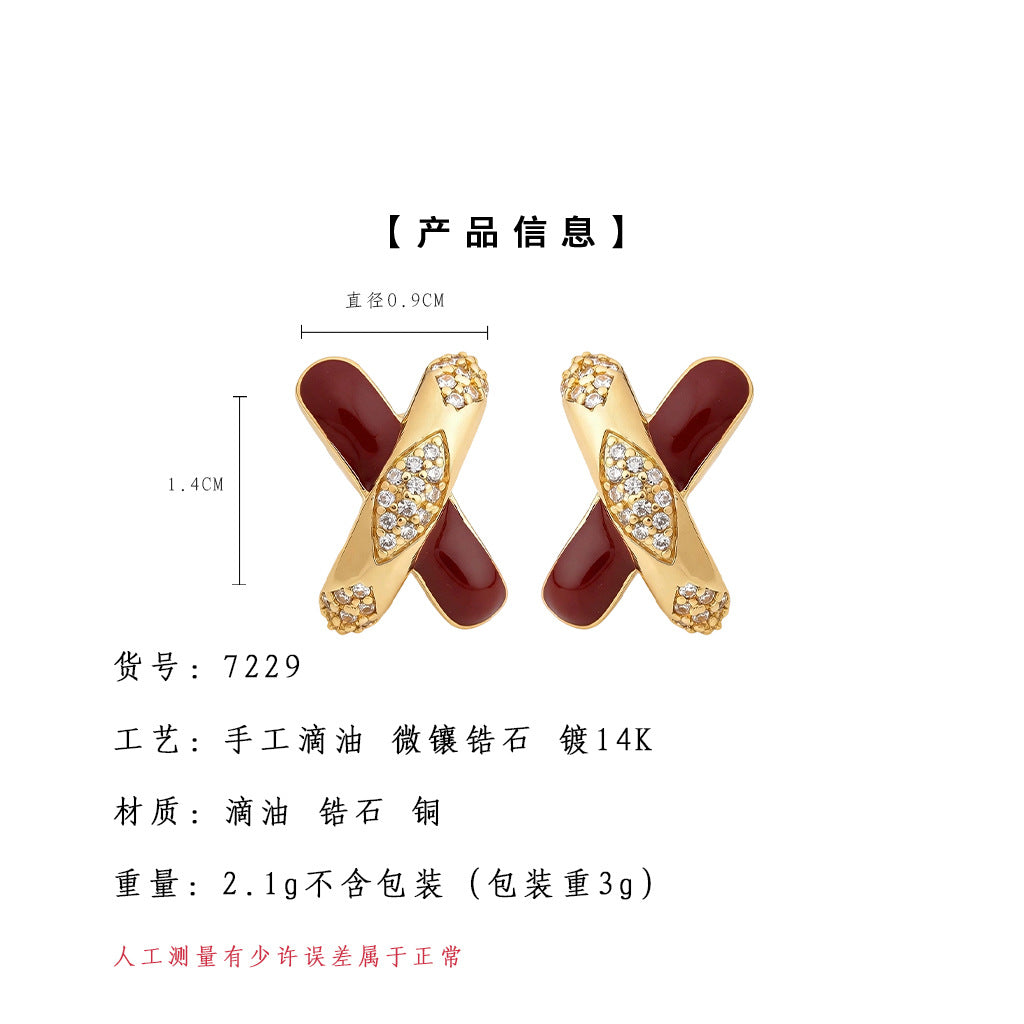 A廠【7229】時尚高級感微鑲鋯石s925銀針琺瑯滴釉酒紅色新款個性叉叉耳環耳飾
25.12-2