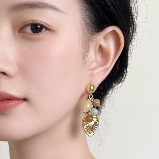 A廠【7902】中古重工質感天然石瑪瑙流蘇心型手工耳環法式復古新款耳環女
 26.08-2