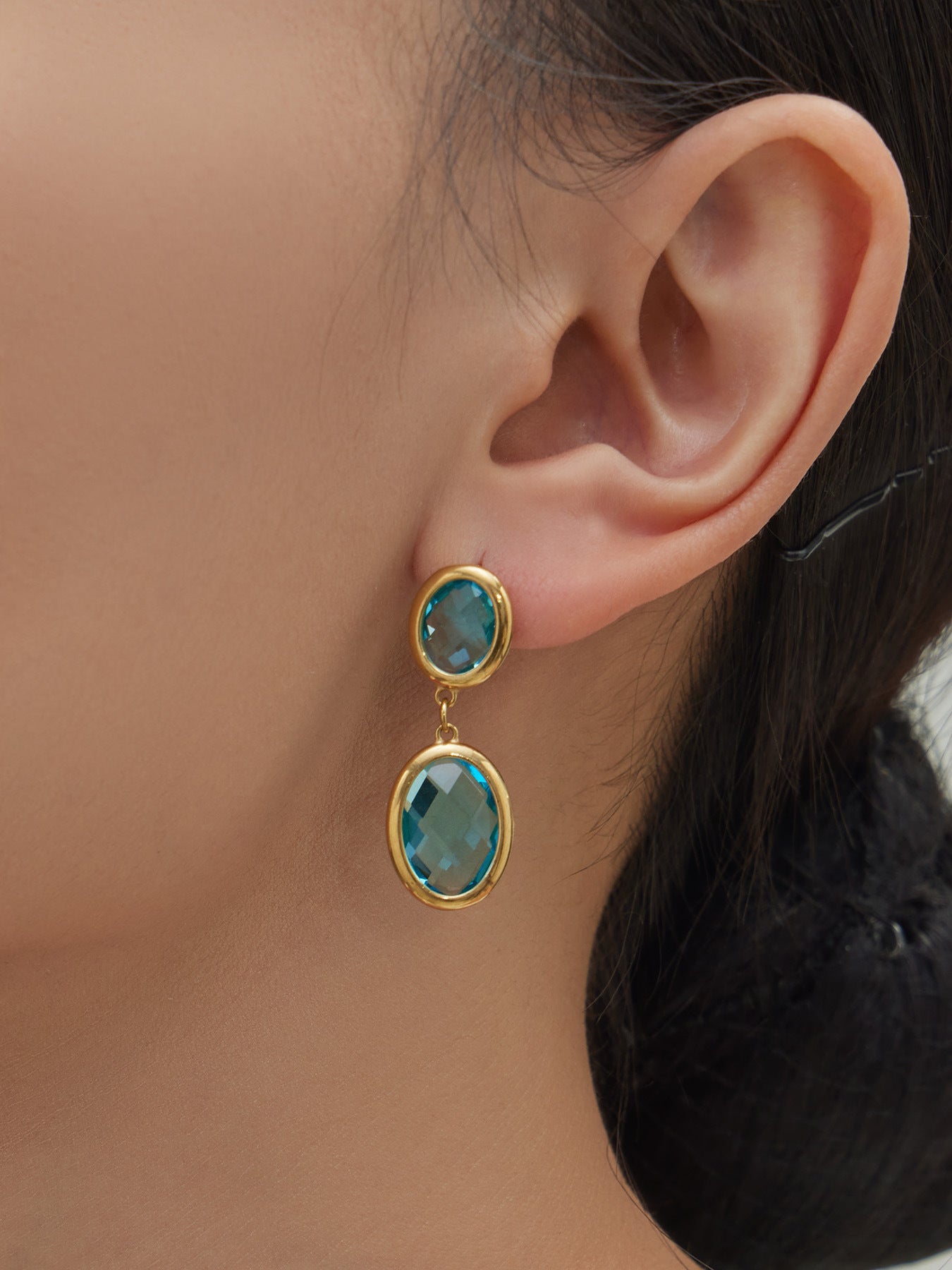 B廠【F957】不鏽鋼幾何橢圓吊墜切面玻璃石耳環ins小眾設計百搭耳飾鍍18k真金
 25.12-1