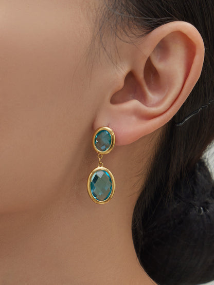 B廠【F957】不鏽鋼幾何橢圓吊墜切面玻璃石耳環ins小眾設計百搭耳飾鍍18k真金
 25.12-1