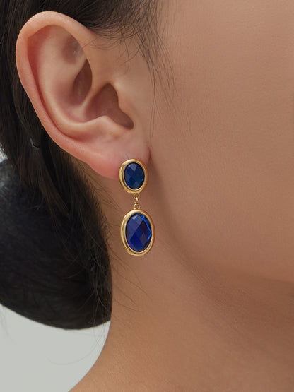 B廠【F957】不鏽鋼幾何橢圓吊墜切面玻璃石耳環ins小眾設計百搭耳飾鍍18k真金
 25.12-1