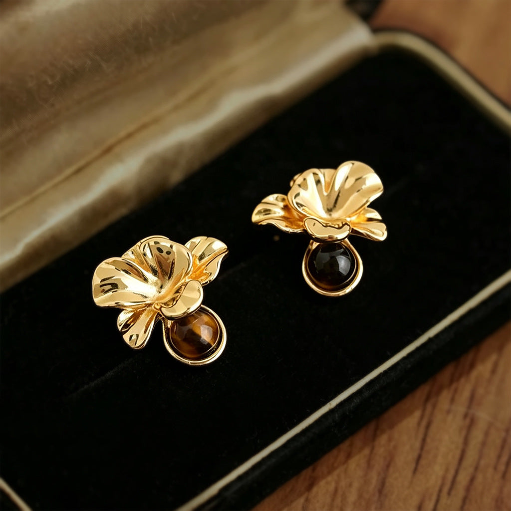 A廠【8413】虎眼石美拉德花朵文藝復古天然石耳釘飾品
 26.10-4