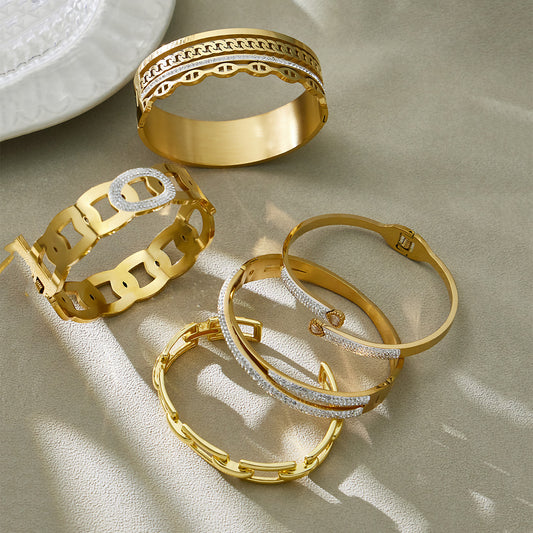 B廠【Z211】不鏽鋼超閃5A鋯石幾何NK鏈開口手鐲誇張輕奢風組合手環鍍18k真金
 26.01-1