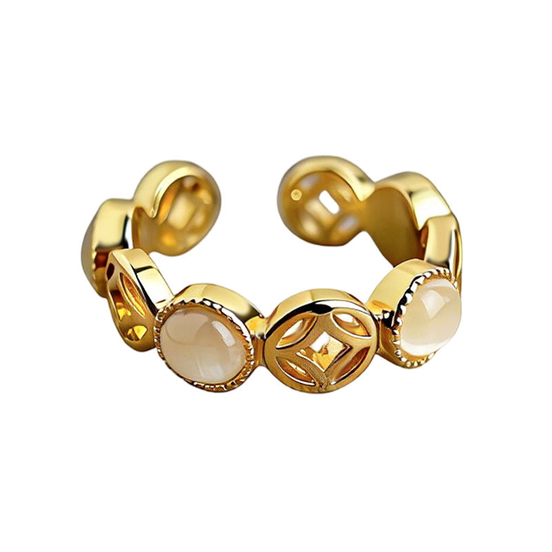 A廠【7241】【八方來財】厚鍍真金保色玻璃貓眼石戒指開口可調指環手飾 25.12-3