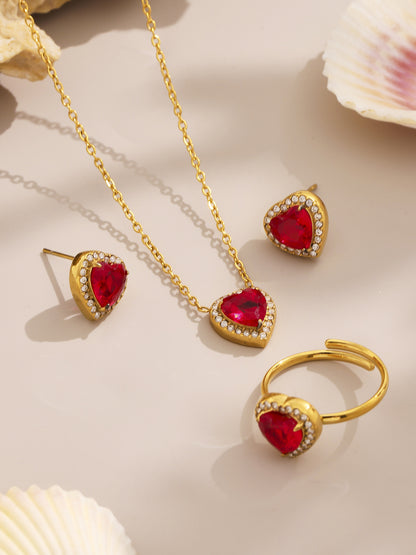 B廠【TXP354】新款紅色玻璃愛心滿鑽鎖骨項鍊耳環戒指不銹鋼材質飾品套裝 25.08-2