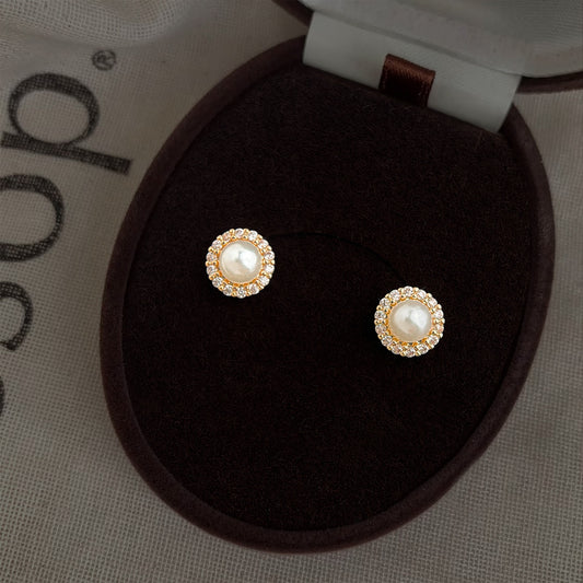 A廠【7455】微鑲鋯石小清新簡約百搭圓形幾何珍珠耳飾保色耳環新款飾品女
 26.04-1