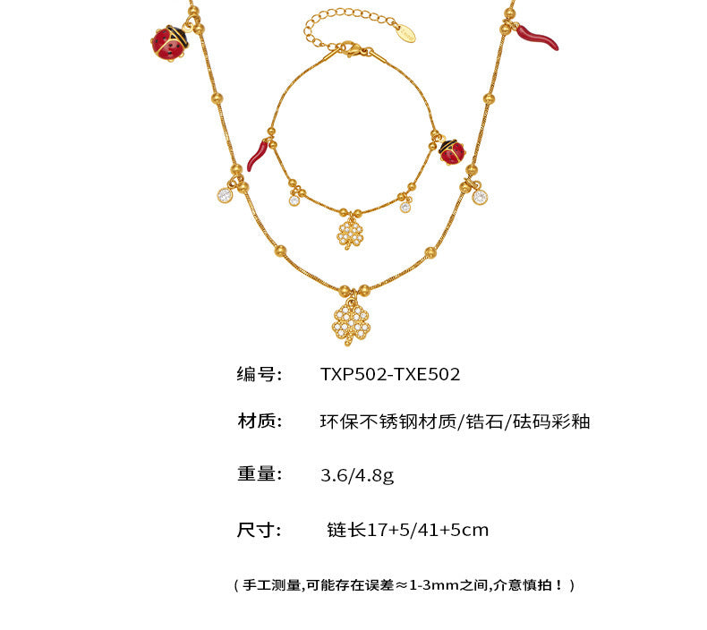 B廠【TXP502】不鏽鋼5A鋯石幸運草瓢蟲多配件手鍊項鍊首飾組鍍18k真金不掉色
 25.11-4