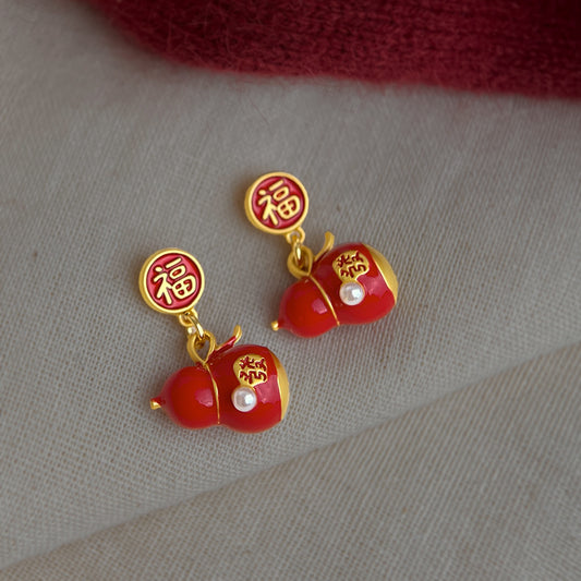 A廠【7339】福祿馬年大吉國潮新中式琺瑯滴釉紅色喜慶葫蘆耳環小眾耳飾女
 26.01-2