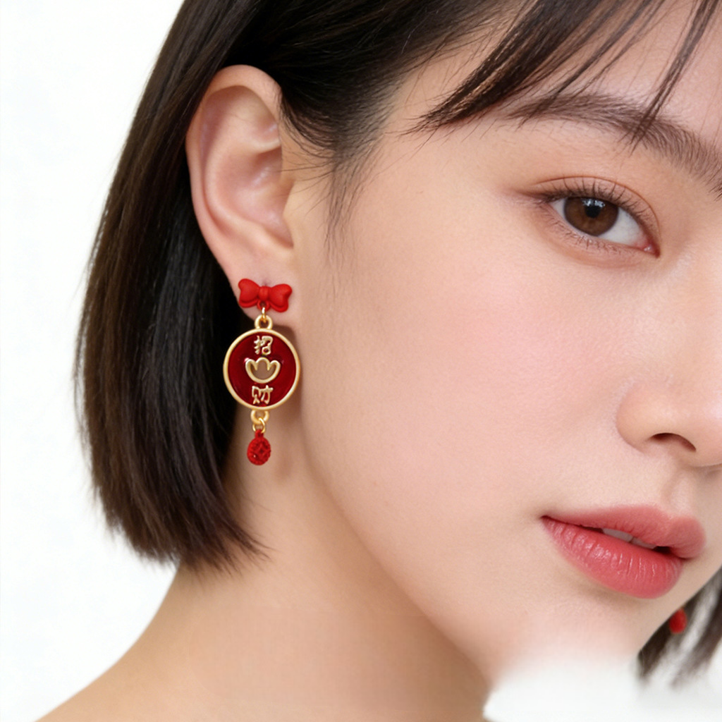 A廠【7345】馬年新款琺瑯滴釉紅色元寶財源廣進民族風小眾耳飾耳環飾品女
 26.01-2