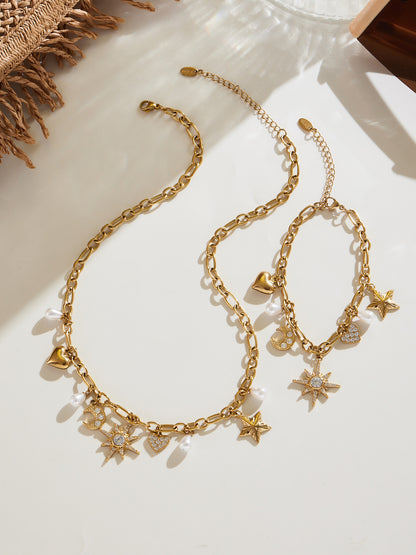 B廠【TXP413】新款星月八星芒鋯石貝珠五角星DIY多配件鎖骨項鍊手鍊套裝
 25.10-1