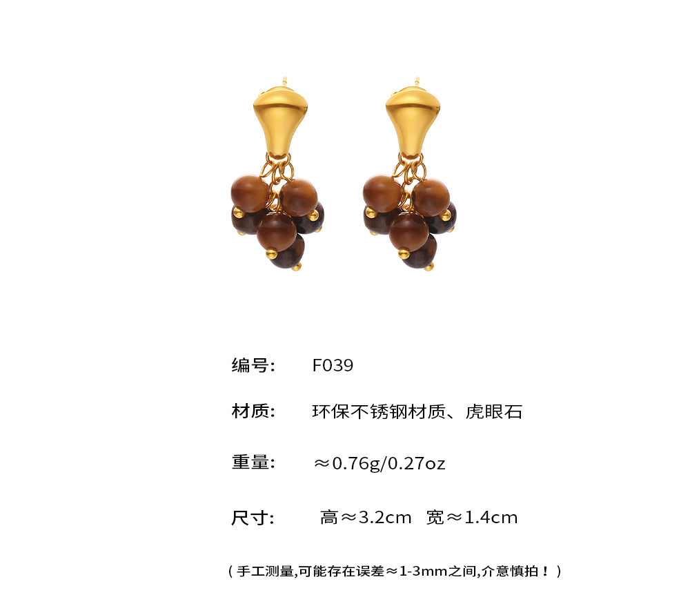 B廠【F039】歐美精緻女神新款耳環不鏽鋼材質虎眼石貝珠流蘇耳飾不掉色 25.07-1