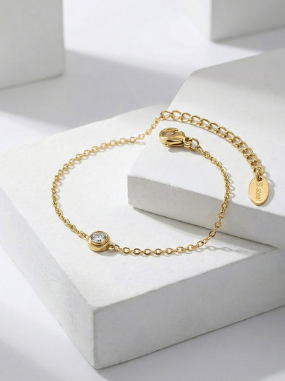 B廠【E022】歐美ins簡約風小眾設計鑲嵌單鑽鏈條手鍊不鏽鋼鍍18k真金跨國手飾
 26.02-1