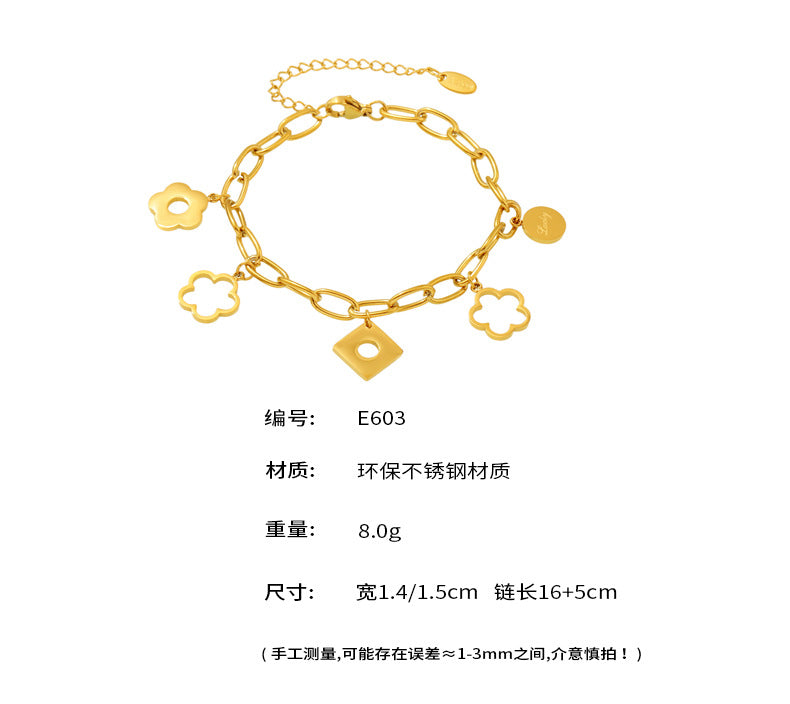 B廠【E603】歐美飾品不鏽鋼鏤空幸運花朵鏡面拋光多配件手鍊小眾百搭潮 25.04-3
