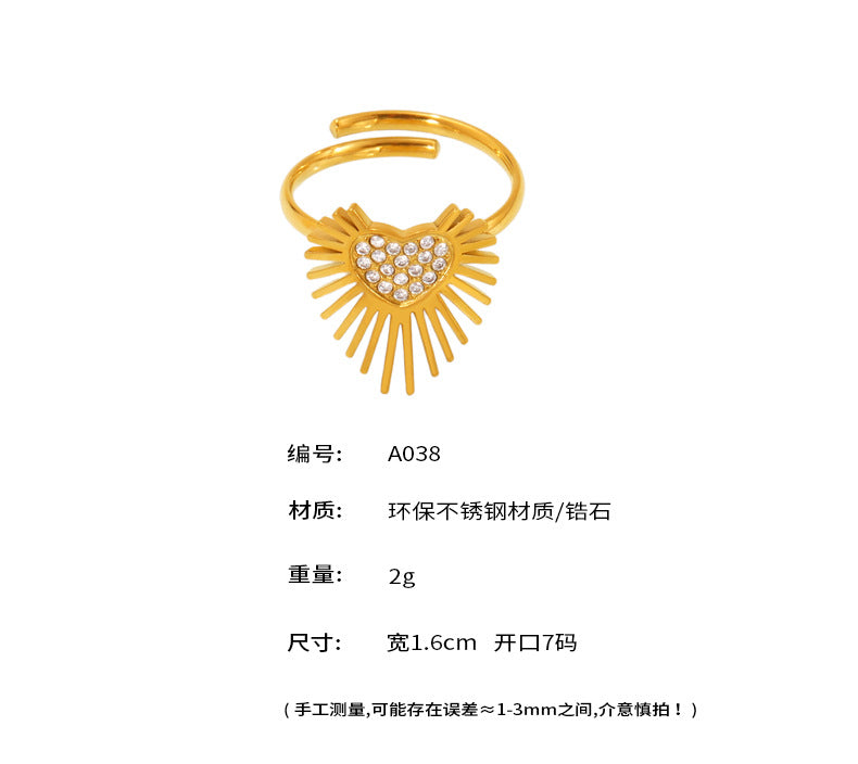 B廠【A038】歐美新款不鏽鋼5A鋯石超閃羽翼愛心開口戒指女款時尚飾品潮 25.05-1