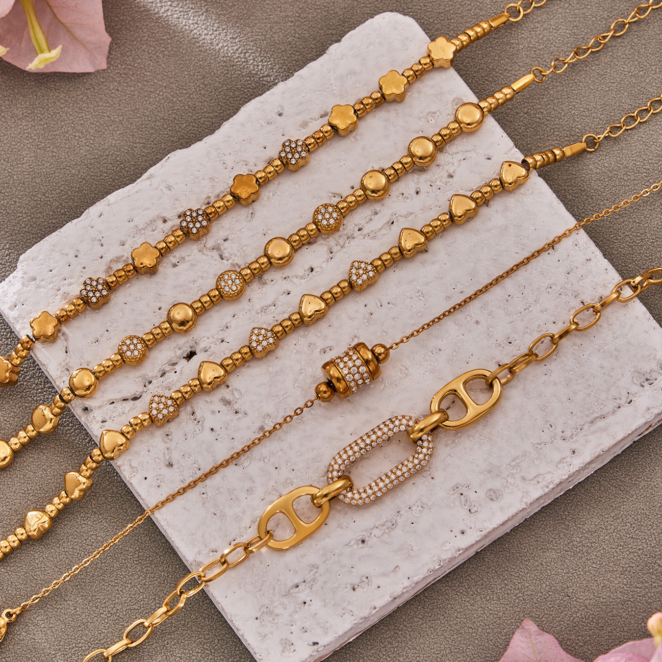 B廠【E223】歐美風氣質百搭日字微鑲鋯石手鍊組合不鏽鋼鍍18k真金時尚冷淡風
 26.03-2