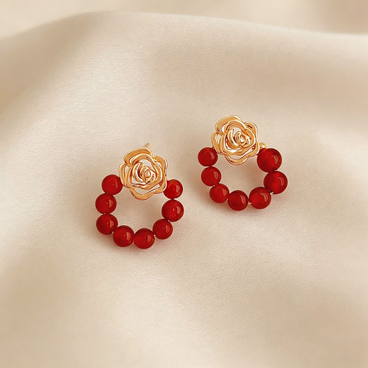 A廠【7271】國潮設計師款天然石紅瑪瑙銀針幾何玫瑰花新款手作耳環女
 25.12-4