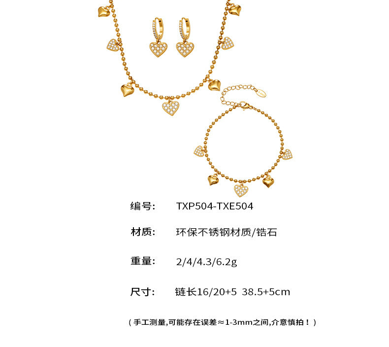 B廠【TXP504】不鏽鋼愛心鋯石項鍊手鍊耳環 鍍18k金chic風歐美時尚百搭珠寶首飾
 25.12-2