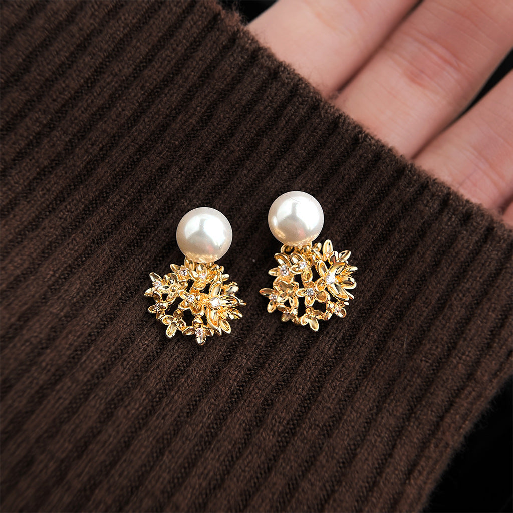 A廠【7191】原創繡球花朵925銀針微鑲鋯石玻璃珍珠時尚高級感新款耳環女
 25.12-2