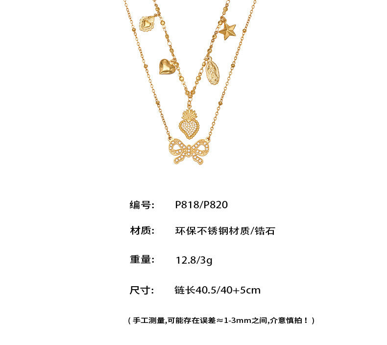 B廠【P820】不銹鋼滿鑽愛心皇冠鋯石多配件吊墜 夾珠鏈條項鍊鍍18k真金不掉色
 25.11-4