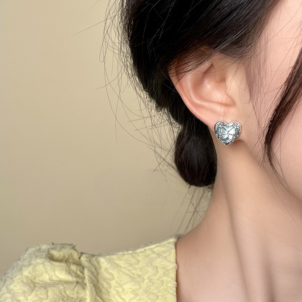 A廠【6004】時尚通勤高級感清新甜美鍍銀針愛心蝴蝶藍色耳環女 氣質優雅耳飾
 26.06-2