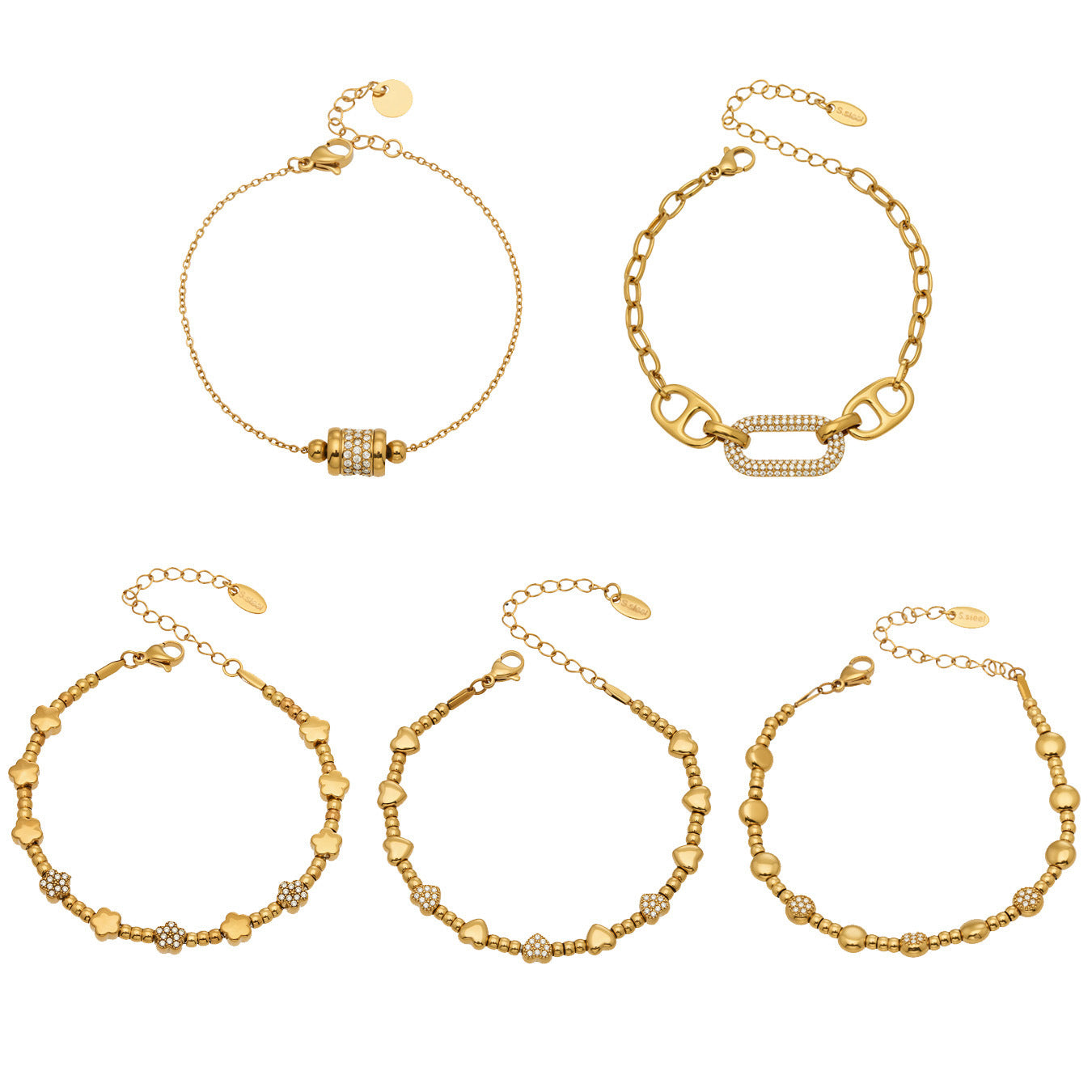 B廠【E223】歐美風氣質百搭日字微鑲鋯石手鍊組合不鏽鋼鍍18k真金時尚冷淡風
 26.03-2