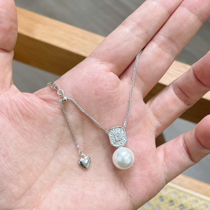 E廠【DQ0686N】S925純銀精工款方鑽正圓仿珍珠項鍊女高級感可調輕奢鎖骨鏈
 25.09-4