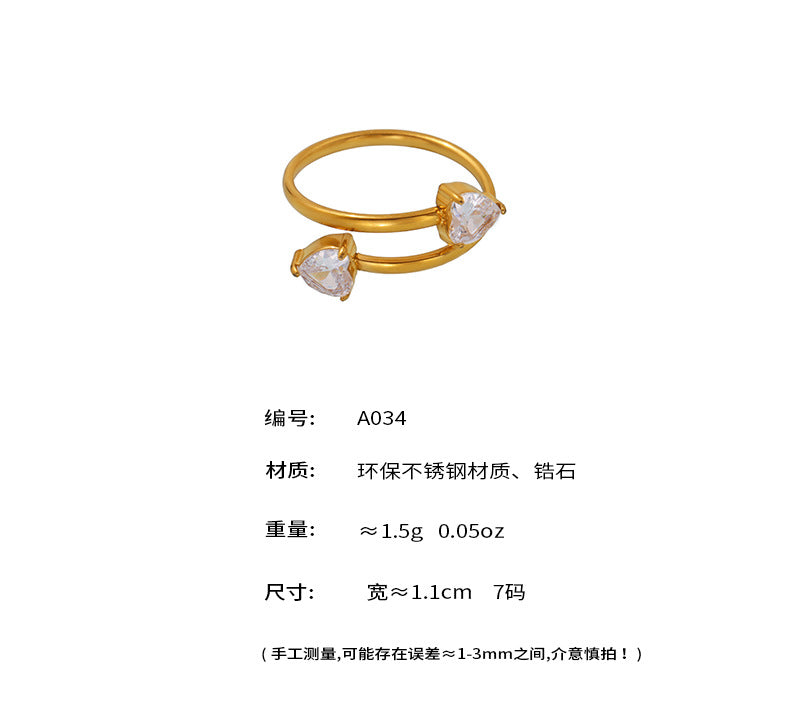 B廠【A032】法式簡約不鏽鋼愛心開口5A鋯石戒指女可調式小眾設計高質感 25.04-4
