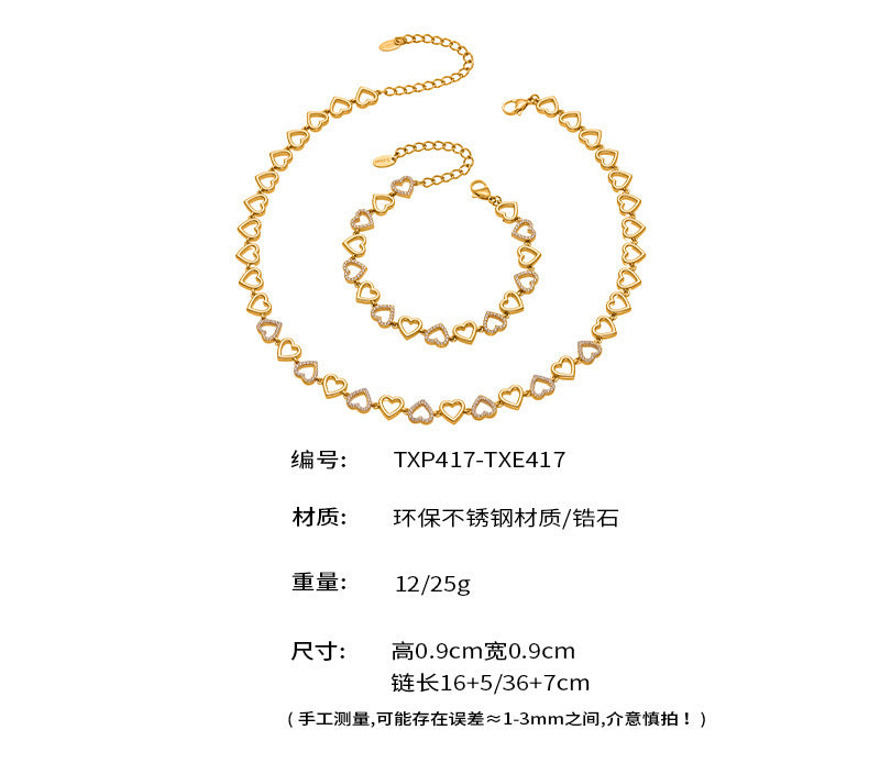 B廠【TXP417】跨境新款不鏽鋼滿鑽愛心手工鍊項鍊手鍊套組鍍18k真金飾品
 25.10-1
