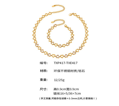 B廠【TXP417】跨境新款不鏽鋼滿鑽愛心手工鍊項鍊手鍊套組鍍18k真金飾品
 25.10-1