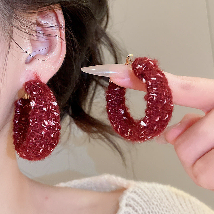 A廠【HE28919】925銀針韓系毛線編織圓形耳圈秋冬款時尚氣質耳環小眾設計感耳飾
 25.10-3