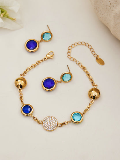 B廠【TXE508】不鏽鋼滿鑽鋯石切面包邊玻璃石手鍊耳環鍍18k真金首飾組不掉色
 25.12-1