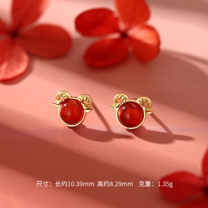 D廠【YC0492N】原創足銀S999本命年生肖羊紅瑪瑙項鍊手鍊耳釘新中式首飾
 26.10-4