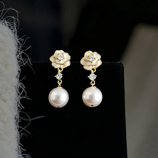 A廠【7512】清新甜美山茶花時尚優雅氣質高級感琺瑯滴釉鋯石珍珠耳飾耳環
 26.04-4