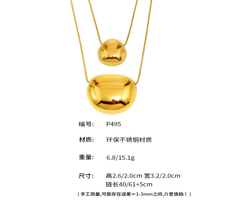 B廠【P495】ins跨國時尚簡約設計精拋光金豆吊墜鎖骨項鍊不鏽鋼鍍18k金 25.04-2