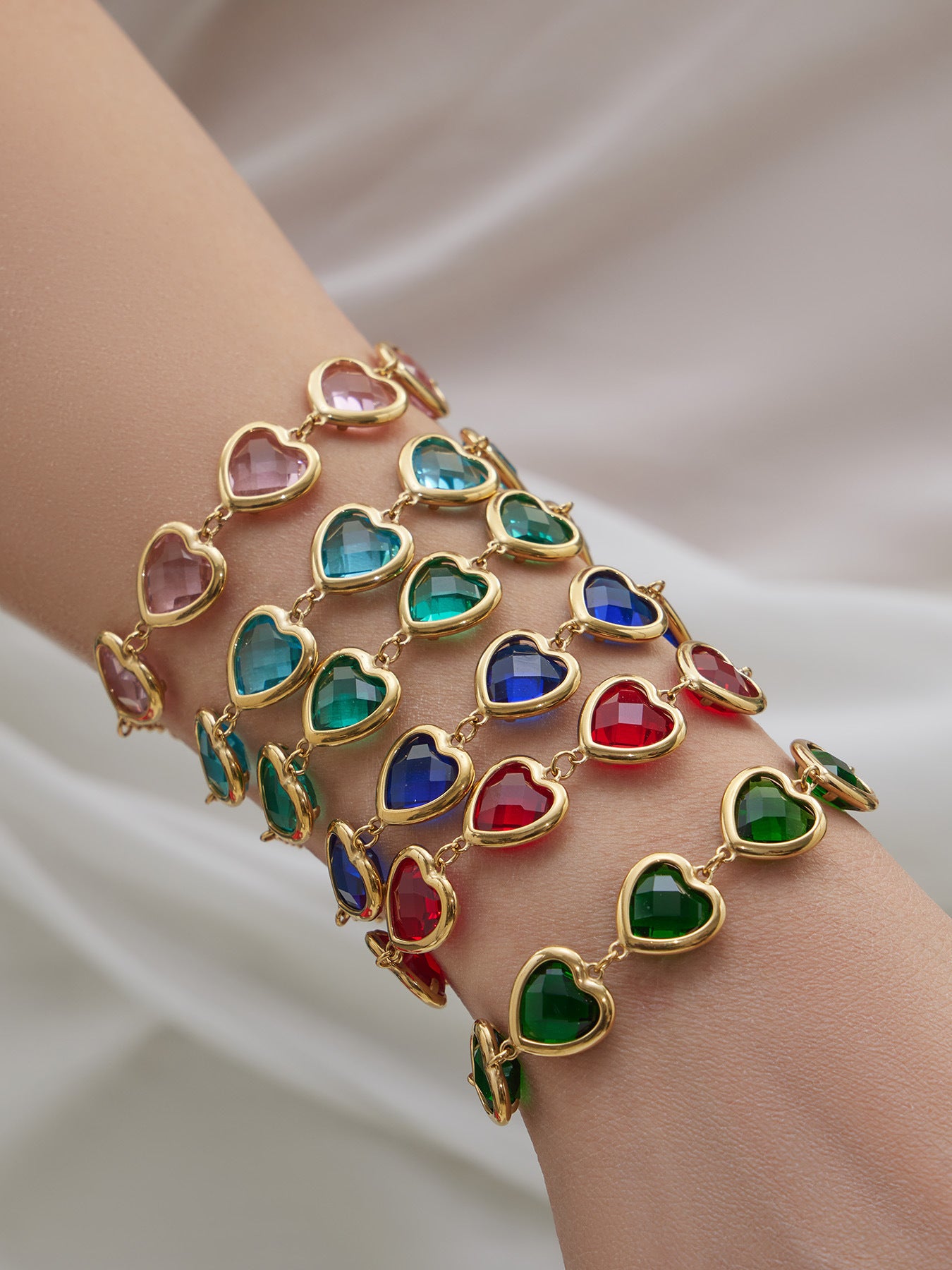 B廠【TXP510】不鏽鋼愛心切麵包邊玻璃石鋼珠項鍊手鍊耳環組鍍18k真金不掉色
 25.12-2