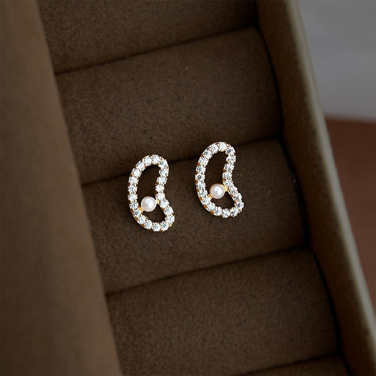 A廠 【3555】微鑲鋯石蠶豆耳環通勤幾件鏤空弧形珍珠百搭高級感氣質豌豆耳飾品
 26.03-3